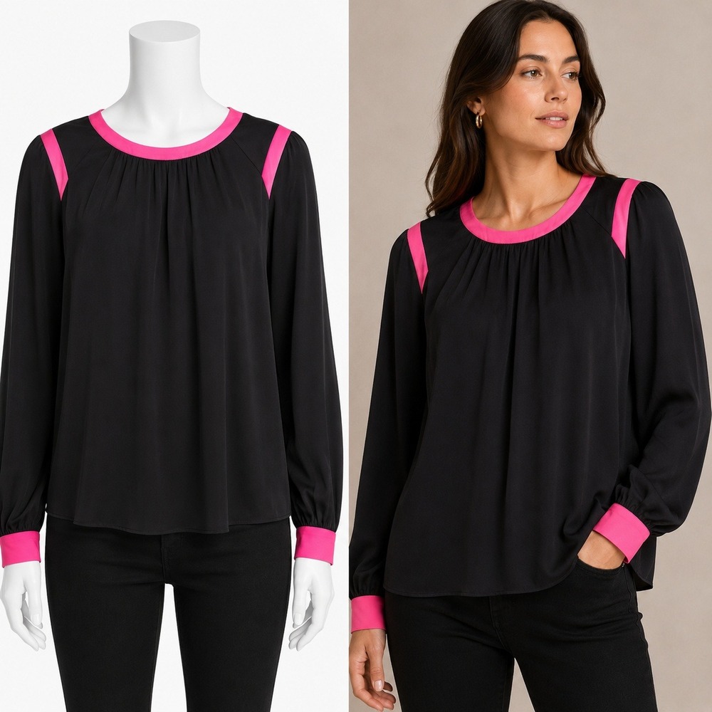 Milly Silk Blouse Women 6 Black Pink Bow Back Long Sleeve Contrast Trim Top